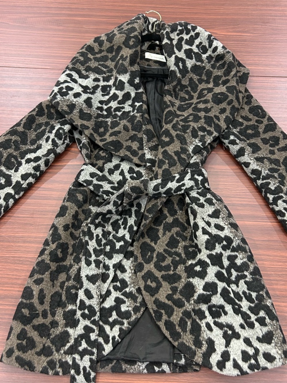 T Tahari Black & Brown Leopard-Print Grey Belted Wrap Coat M